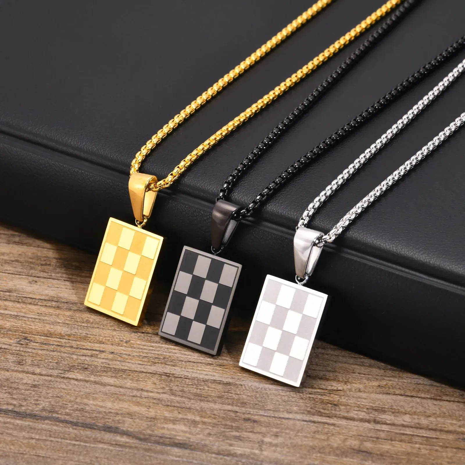 Men's Square Checkerboard Necklace,Waterproof Stainless Steel Checkered Geometric Pendant
