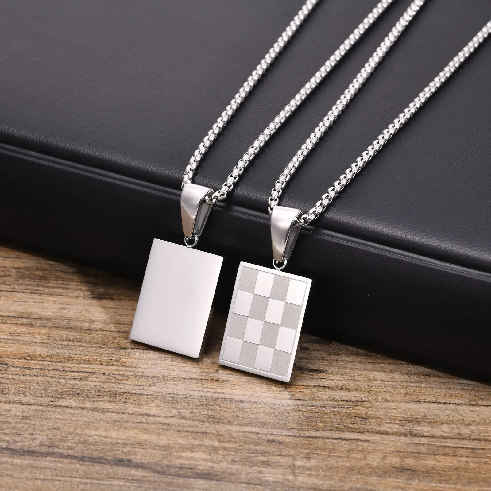 Men's Square Checkerboard Necklace,Waterproof Stainless Steel Checkered Geometric Pendant