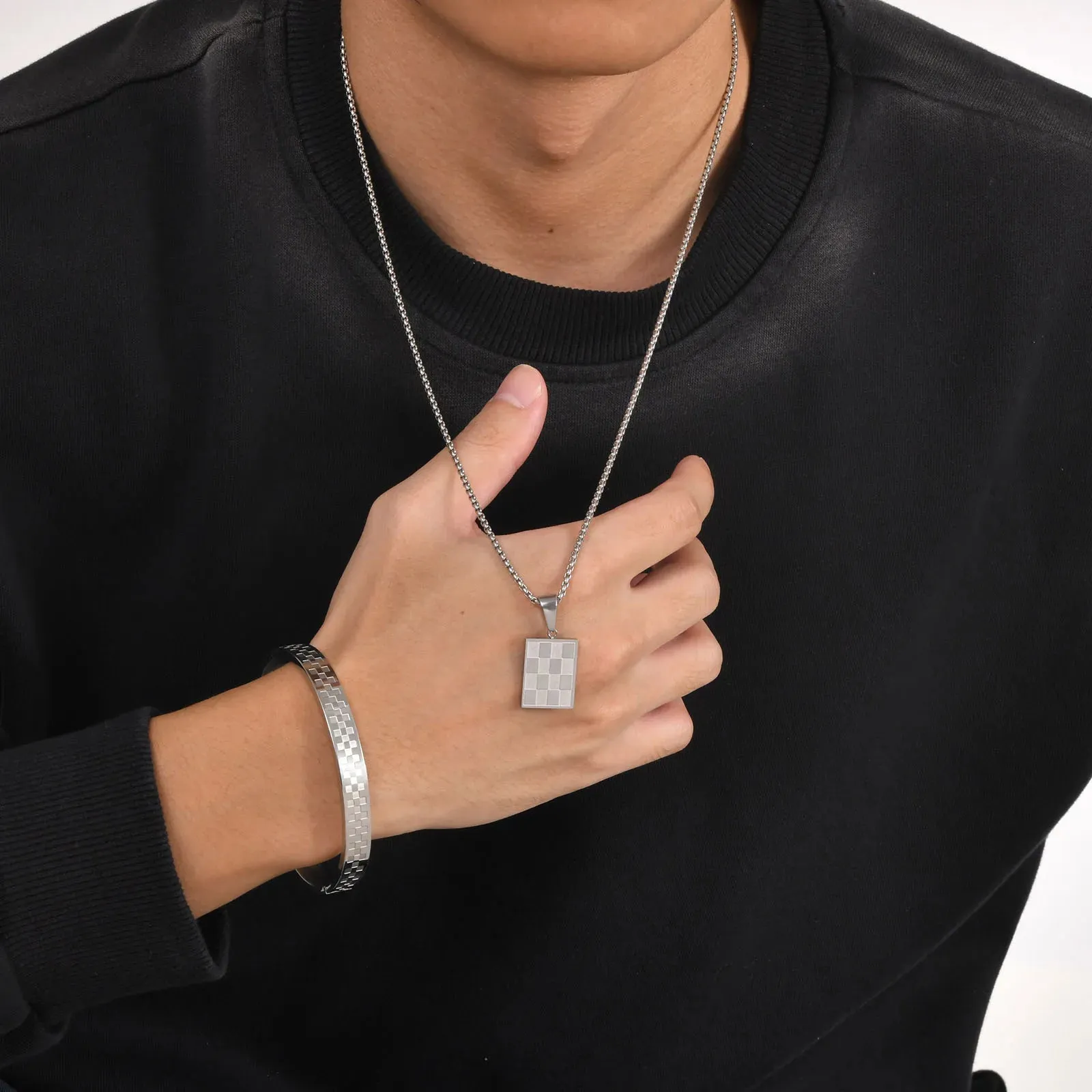Men's Square Checkerboard Necklace,Waterproof Stainless Steel Checkered Geometric Pendant