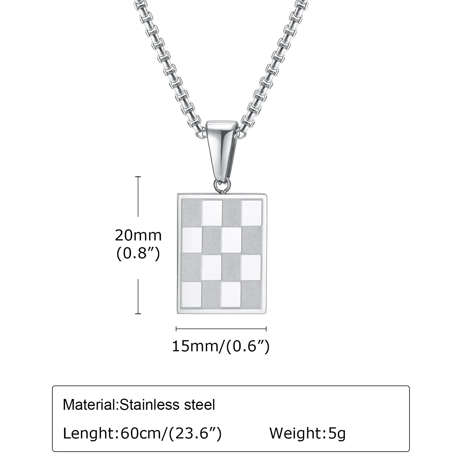 Men's Square Checkerboard Necklace,Waterproof Stainless Steel Checkered Geometric Pendant