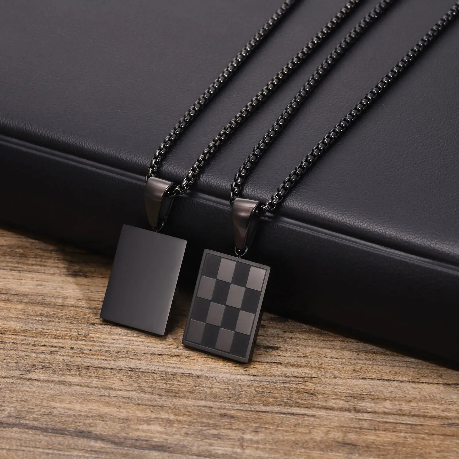 Men's Square Checkerboard Necklace,Waterproof Stainless Steel Checkered Geometric Pendant