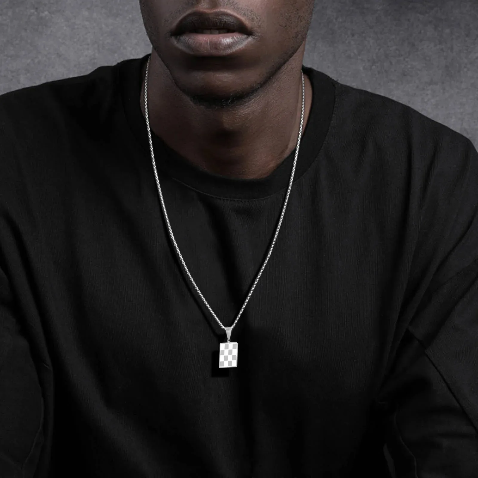 Men's Square Checkerboard Necklace,Waterproof Stainless Steel Checkered Geometric Pendant