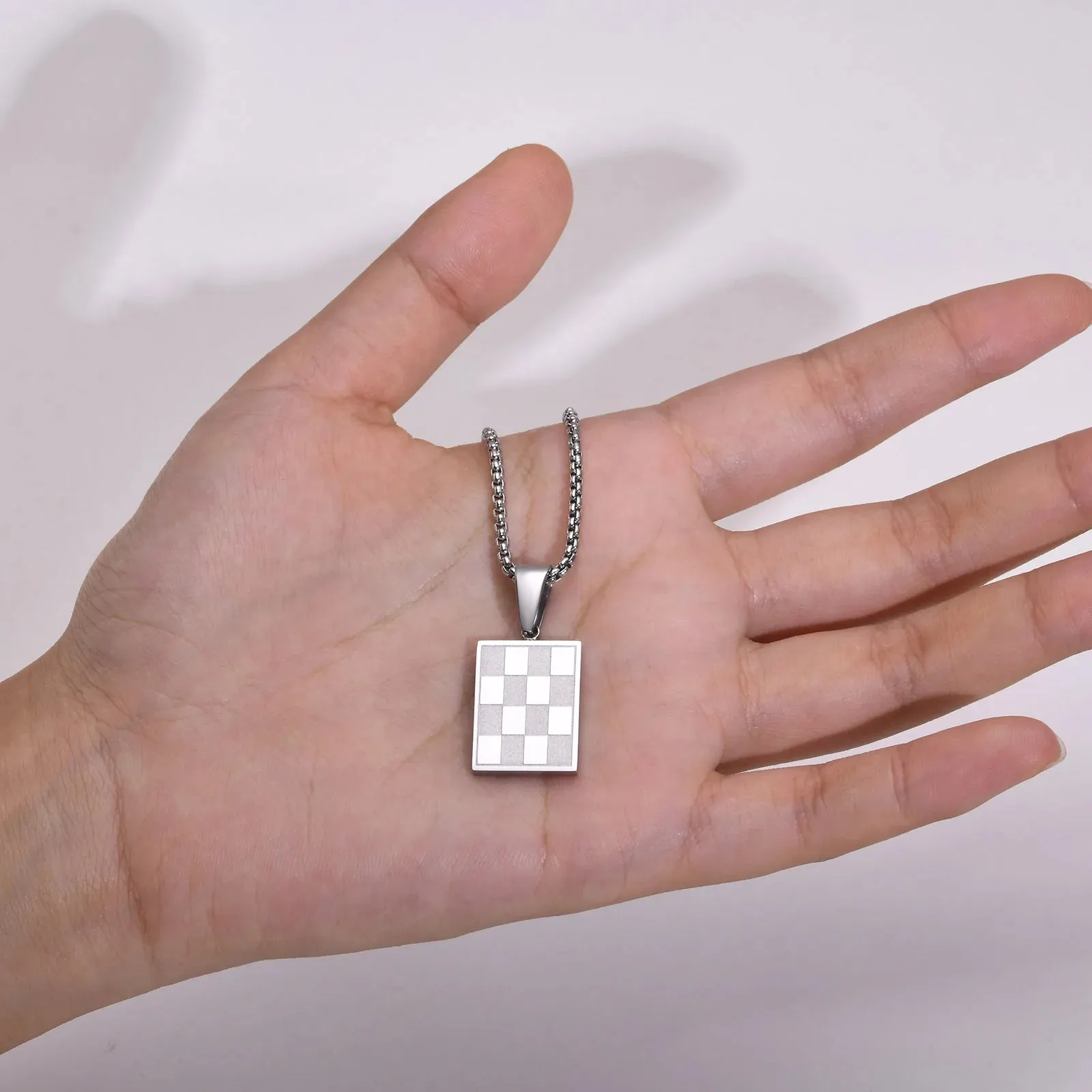 Men's Square Checkerboard Necklace,Waterproof Stainless Steel Checkered Geometric Pendant