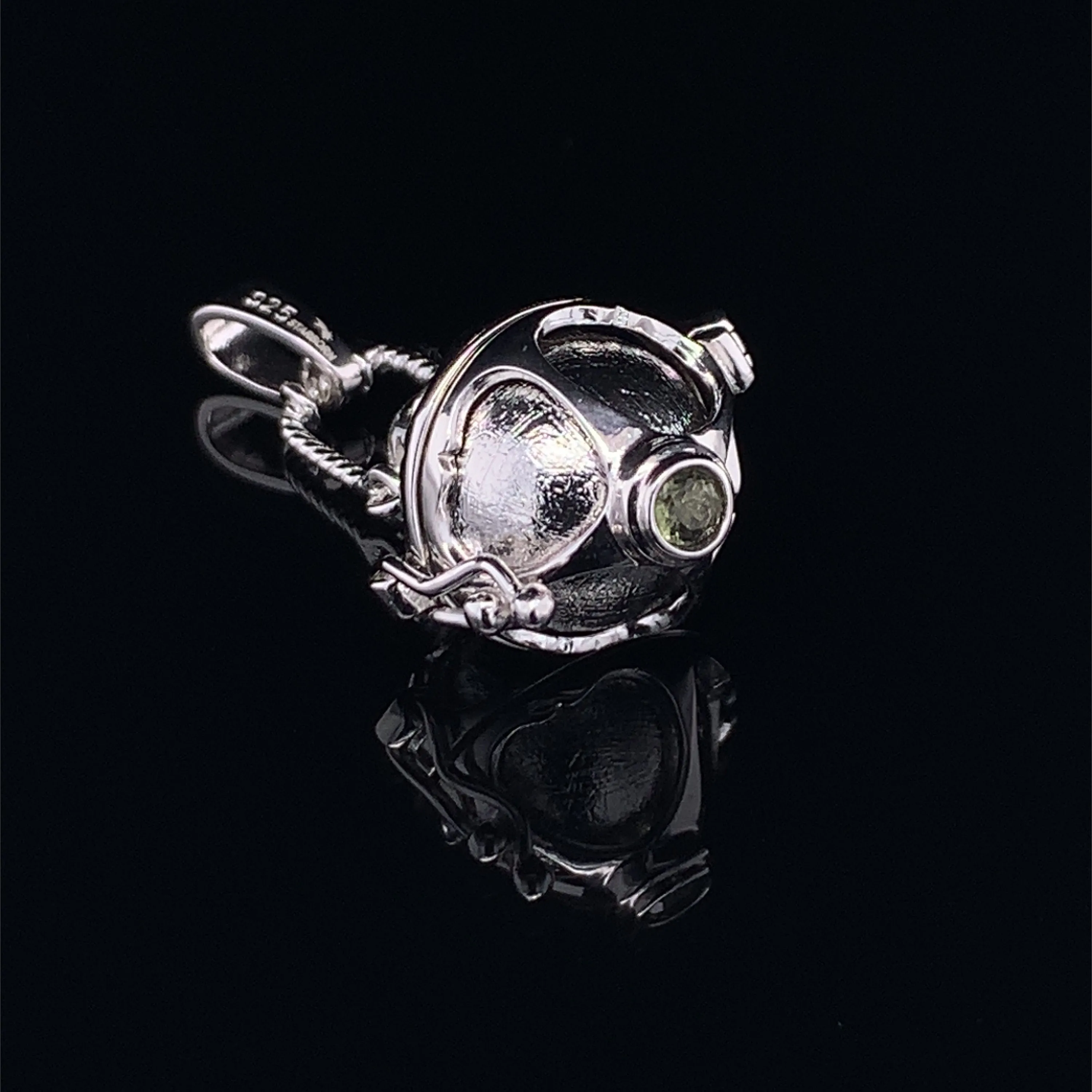 Meteorite Ball & Moldavite Silver Locket Pendant