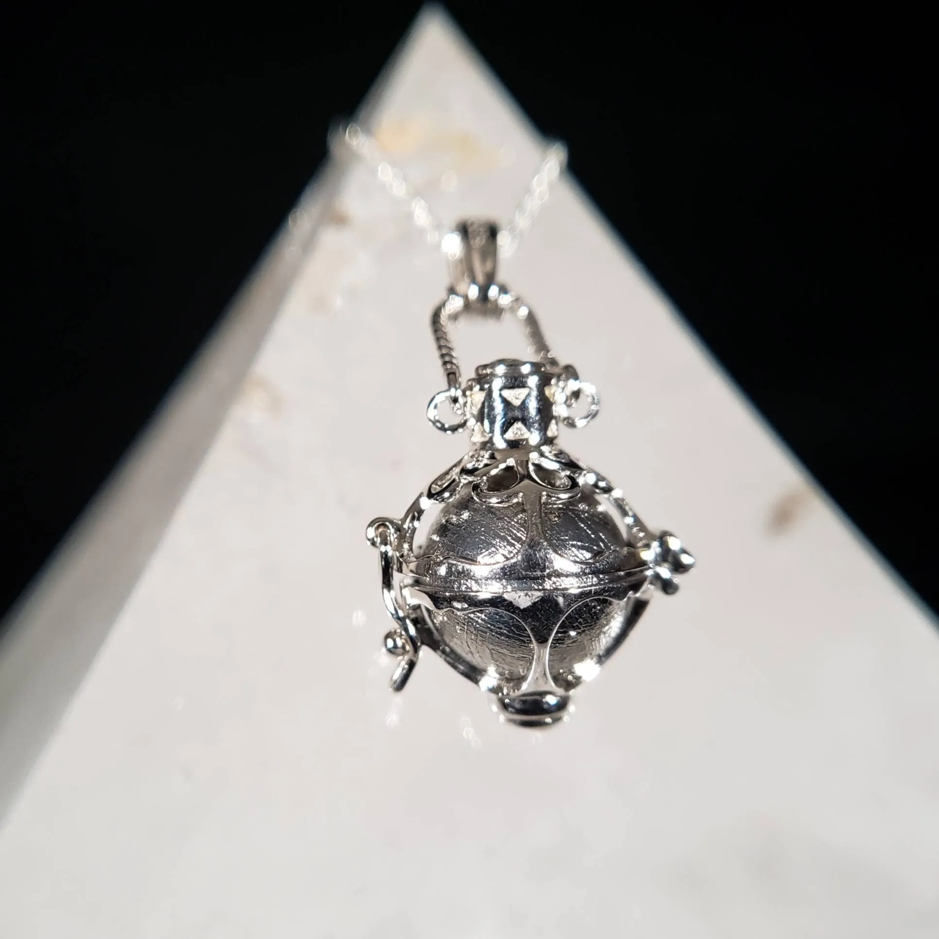 Meteorite Ball & Moldavite Silver Locket Pendant