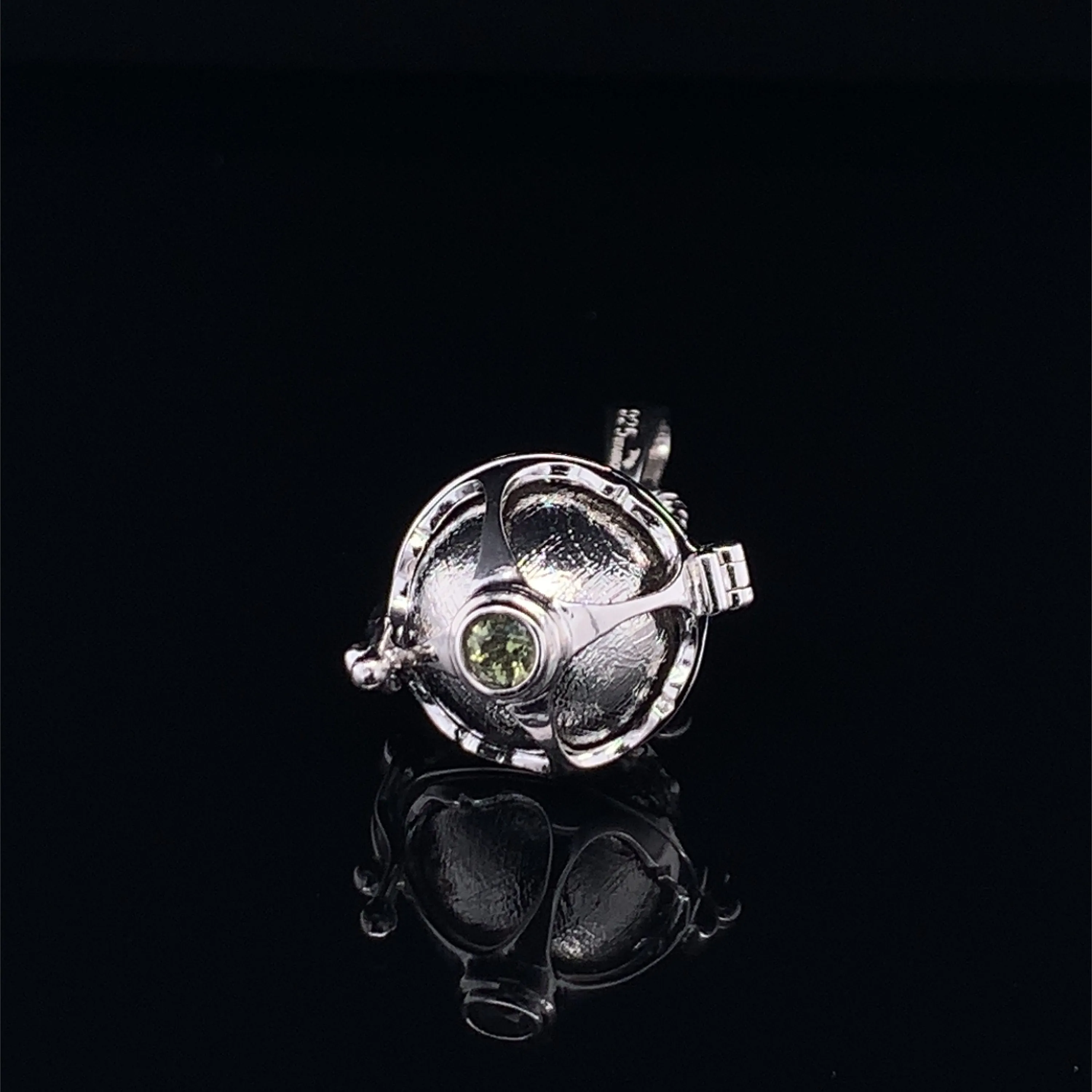 Meteorite Ball & Moldavite Silver Locket Pendant
