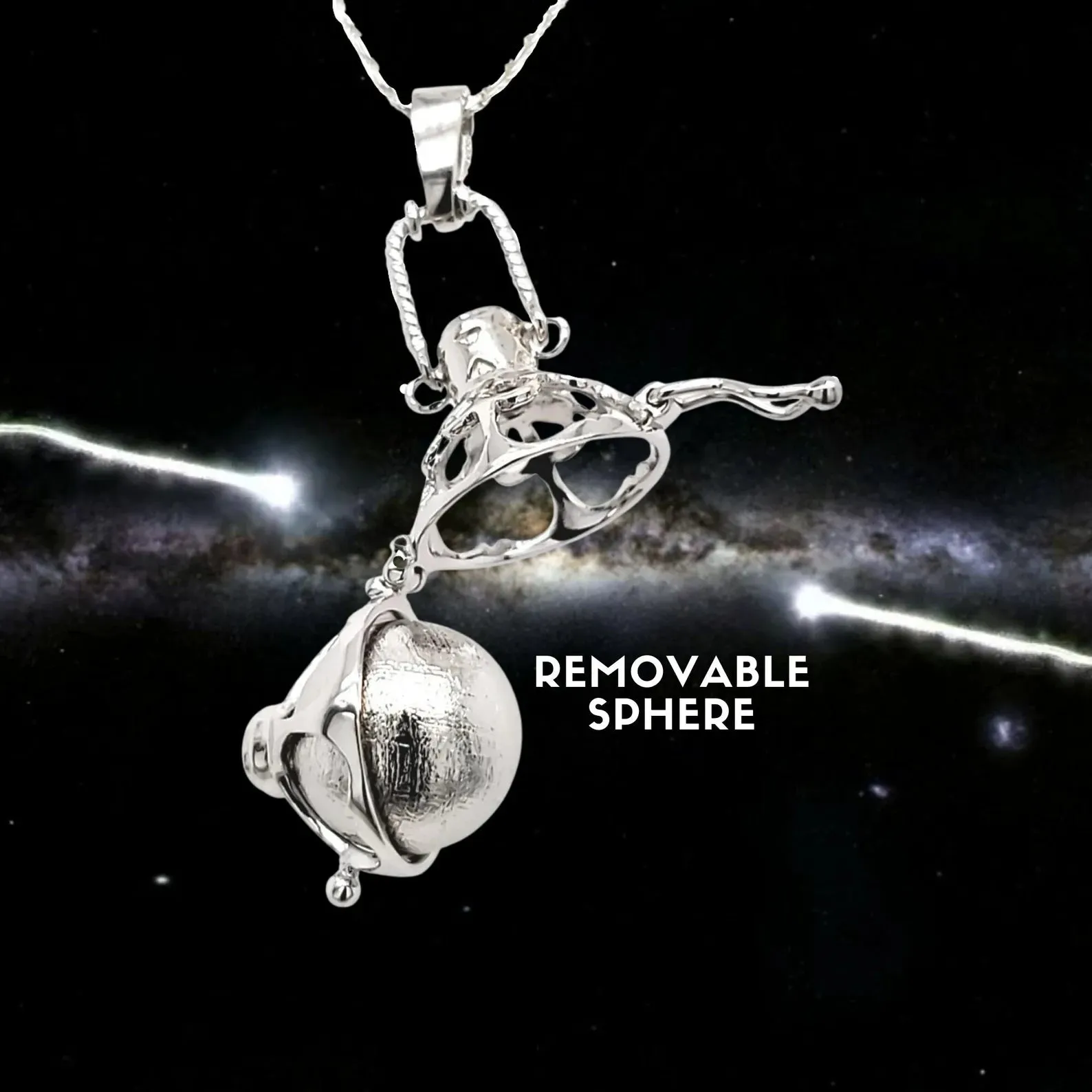 Meteorite Ball & Moldavite Silver Locket Pendant