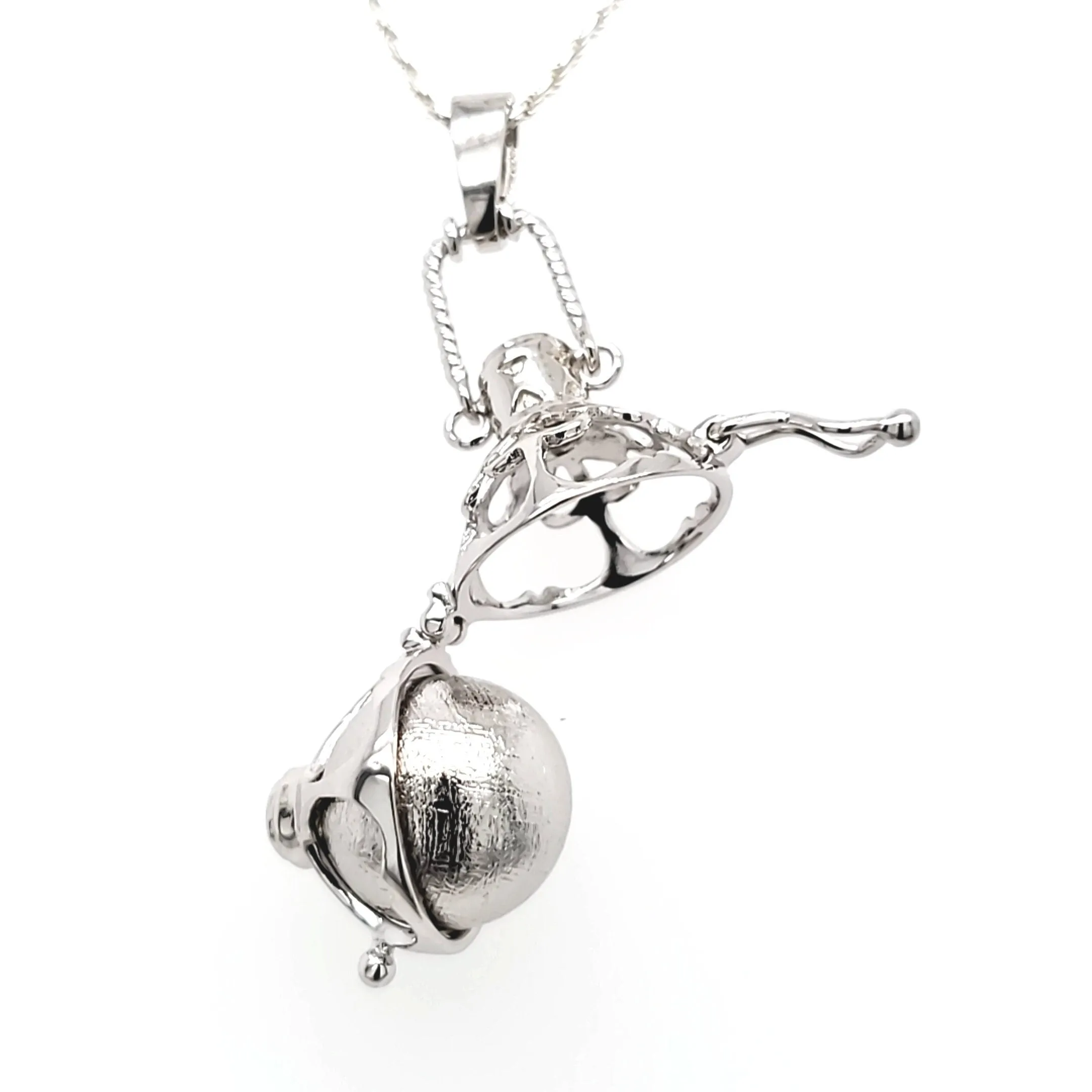 Meteorite Ball & Moldavite Silver Locket Pendant