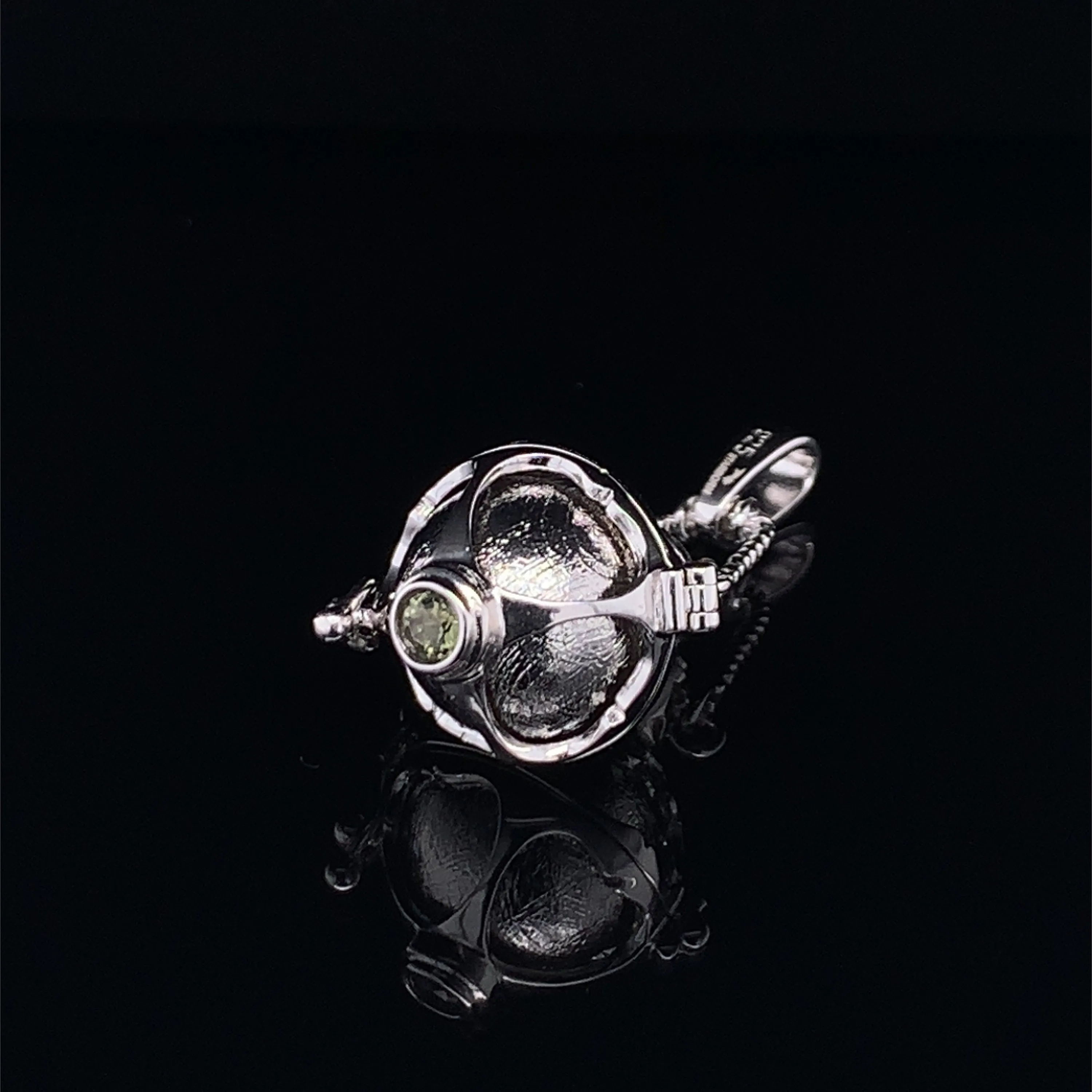 Meteorite Ball & Moldavite Silver Locket Pendant