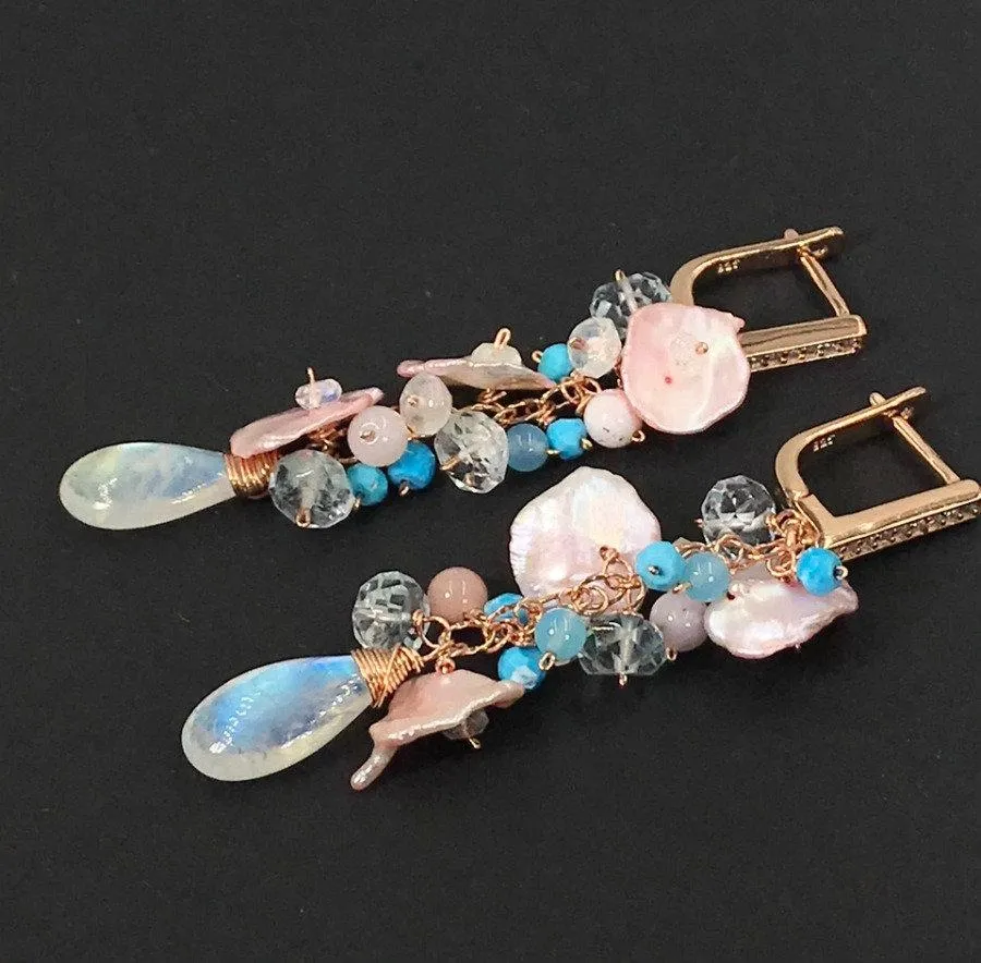 Moonstone and Blush Keishi Pearl Pastel Cascade Dangle Earrings