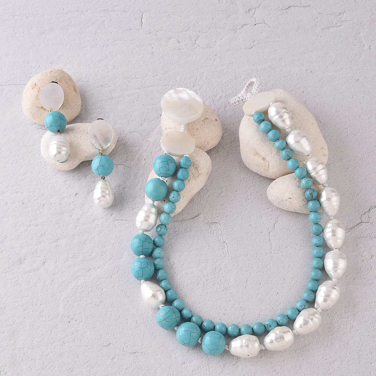 MOTHER-OF-PEARL, FAUX PEARL AND BLUE HOWLITE DROP EARRINGS