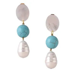 MOTHER-OF-PEARL, FAUX PEARL AND BLUE HOWLITE DROP EARRINGS