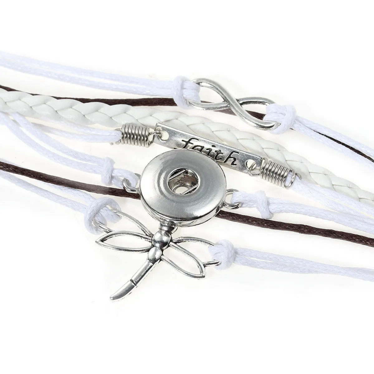 Multi Layered Polyurethane Brown & White Cord Dragonfly Infinity Symbol " Faith " Snap Button Bracelet
