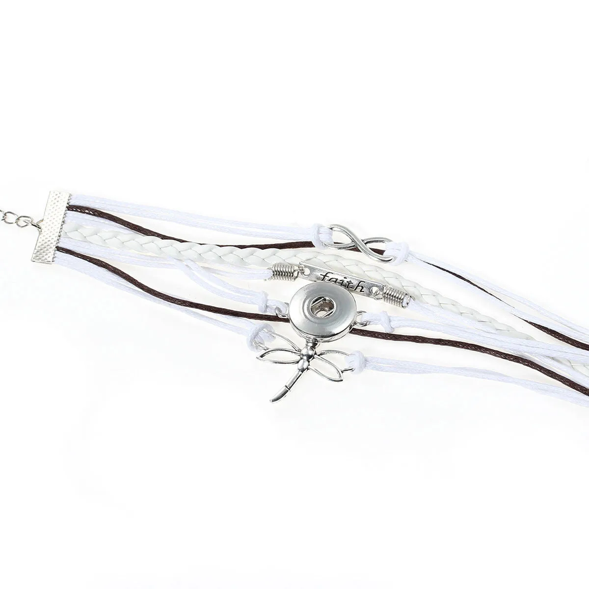 Multi Layered Polyurethane Brown & White Cord Dragonfly Infinity Symbol " Faith " Snap Button Bracelet