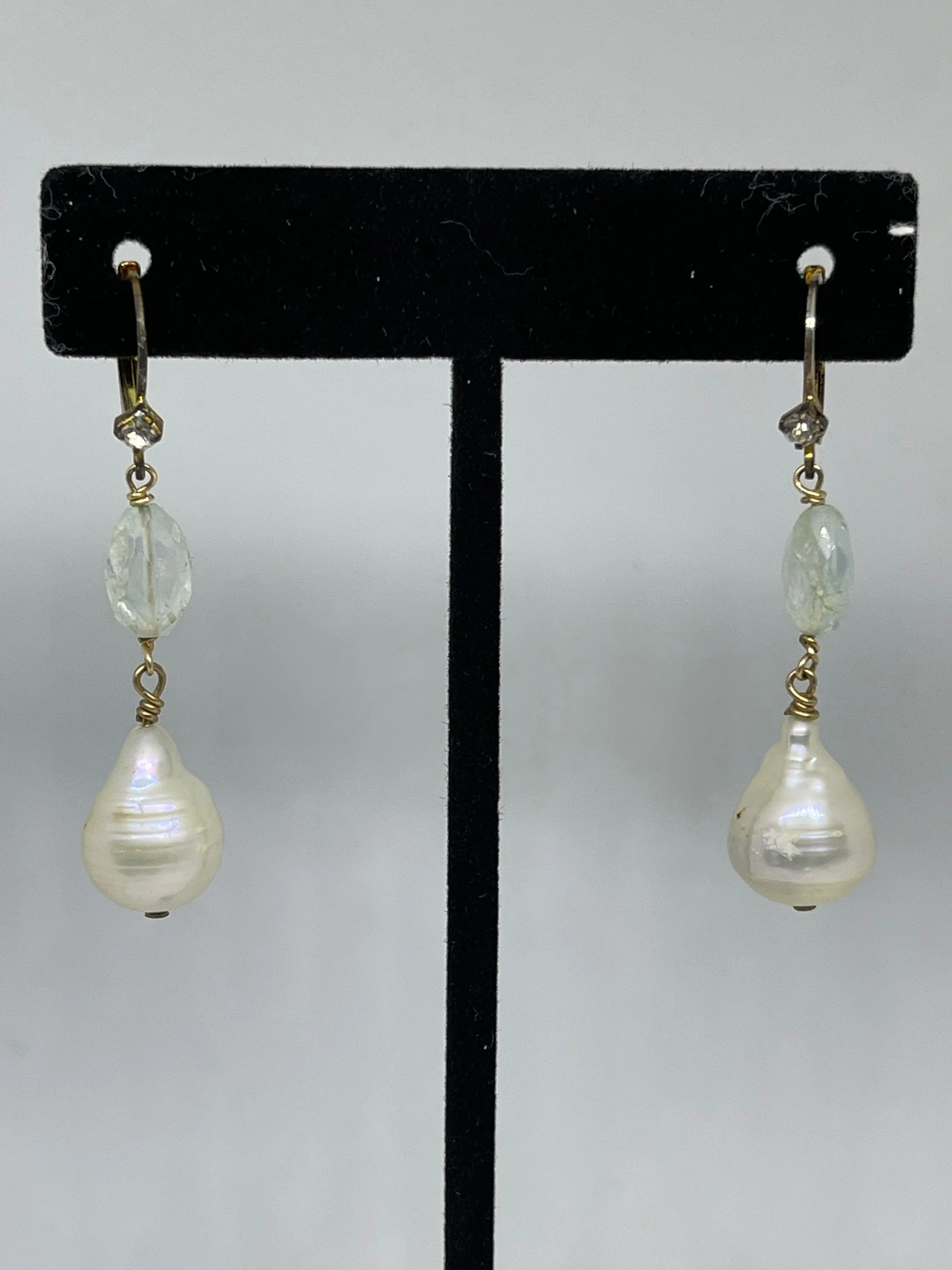 Natural Aquamarine Freshwater Pearl White Topaz Sterling Silver Dangle Earrings
