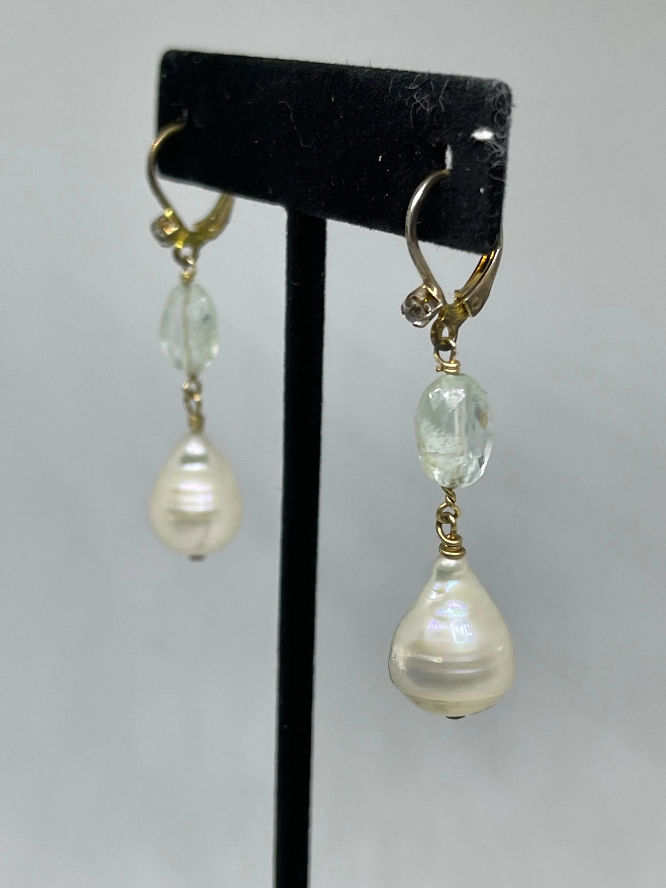 Natural Aquamarine Freshwater Pearl White Topaz Sterling Silver Dangle Earrings