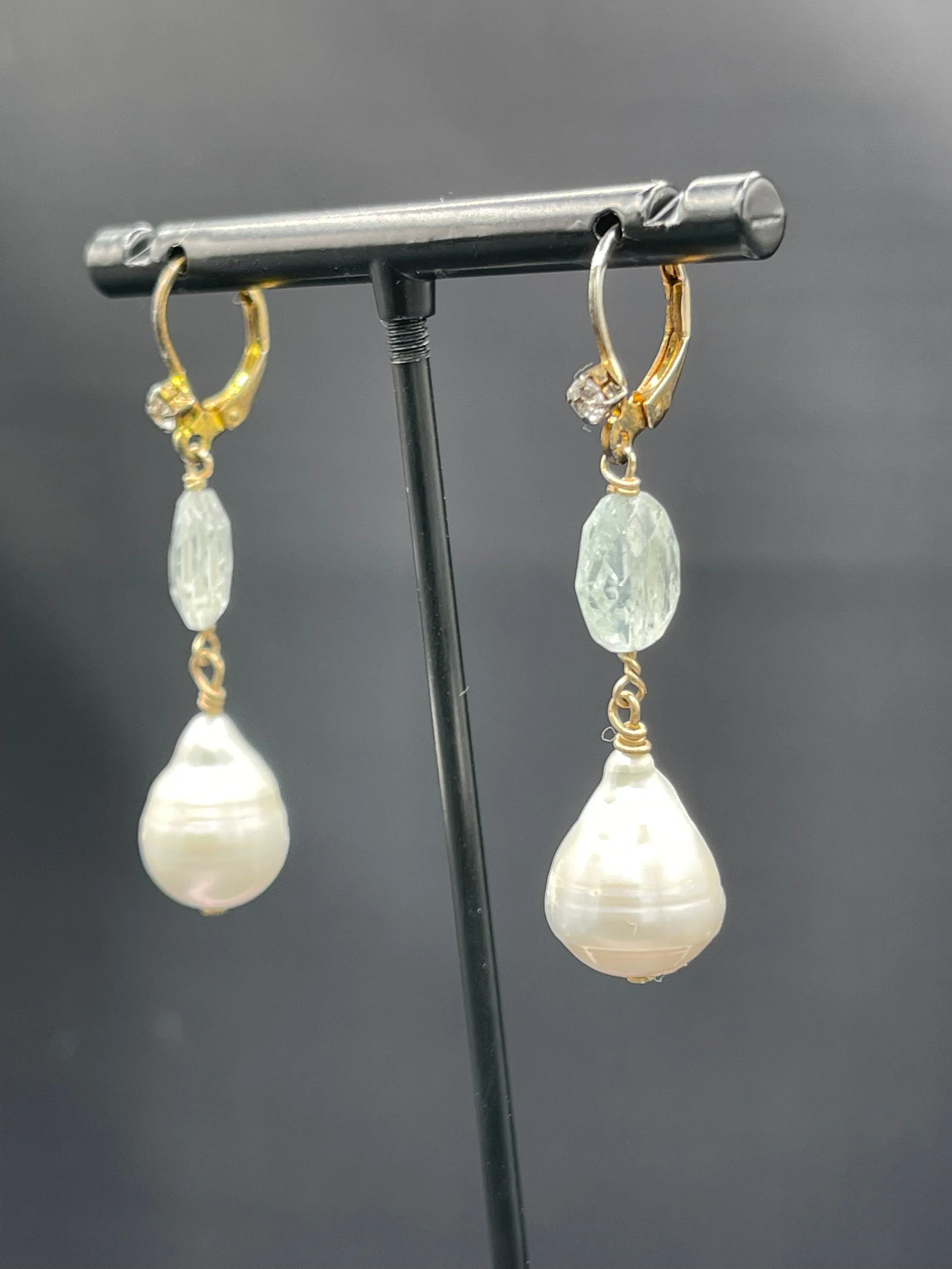 Natural Aquamarine Freshwater Pearl White Topaz Sterling Silver Dangle Earrings