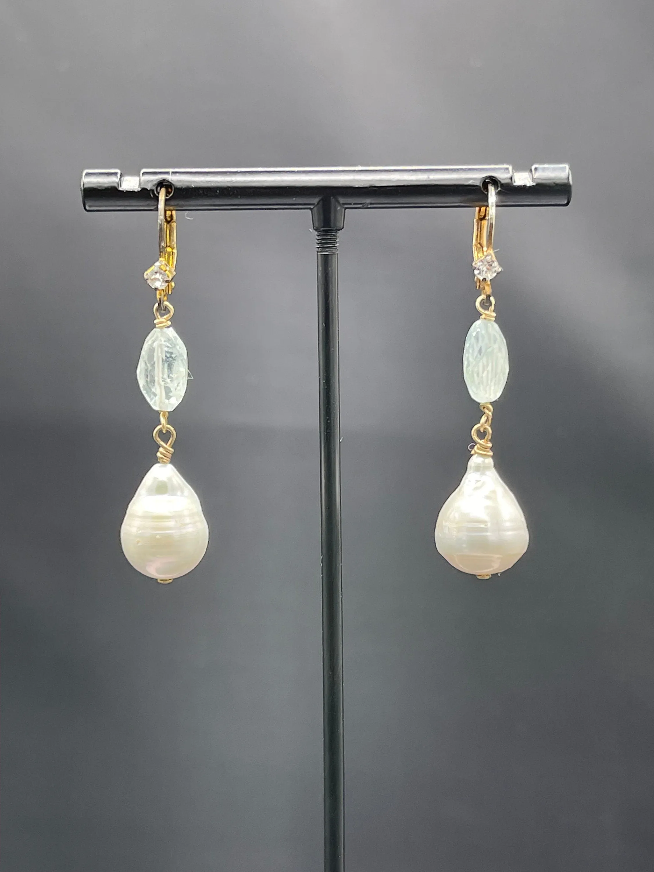 Natural Aquamarine Freshwater Pearl White Topaz Sterling Silver Dangle Earrings