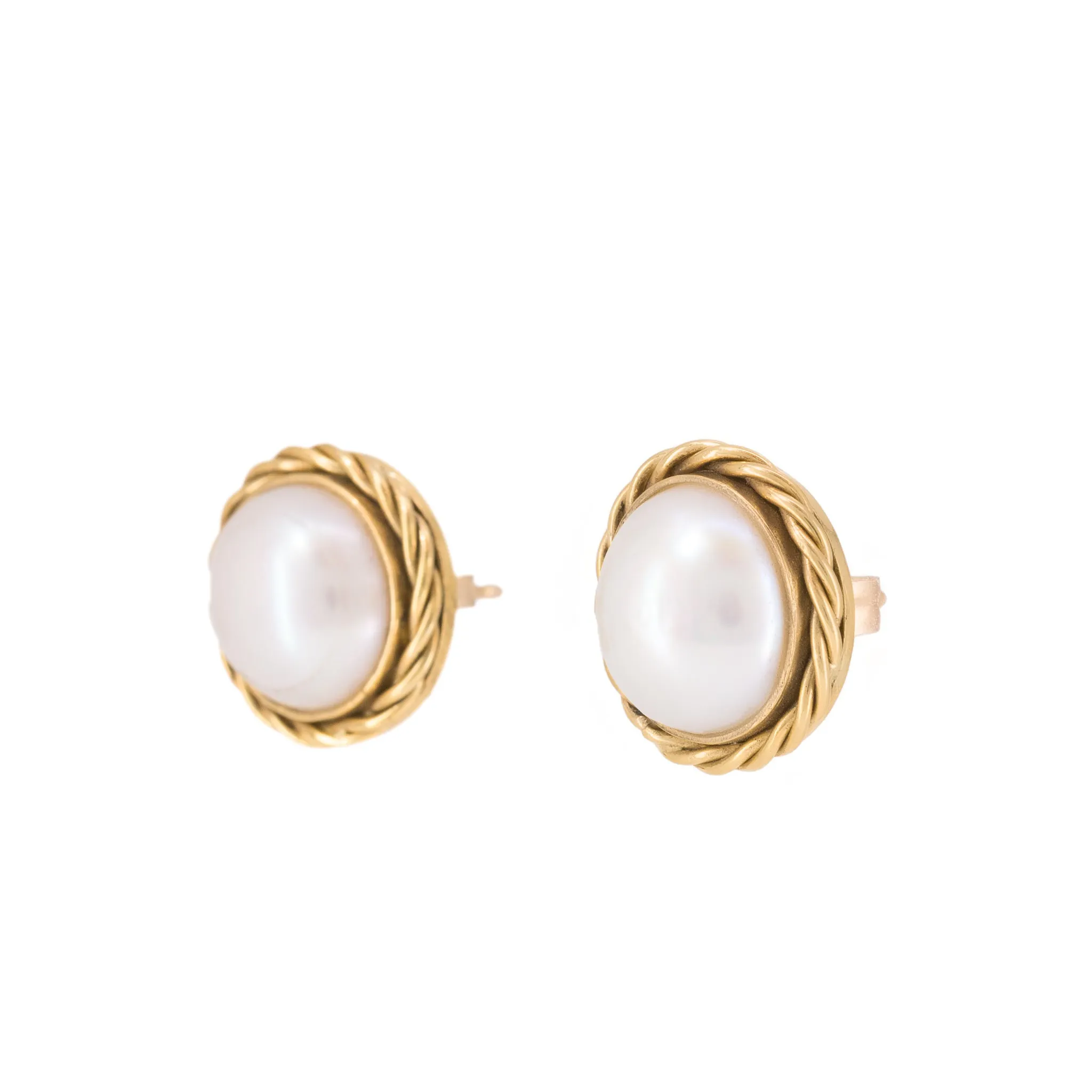 Natural Mabe Pearl 18k Handcrafted Twisted Bezel Earrings
