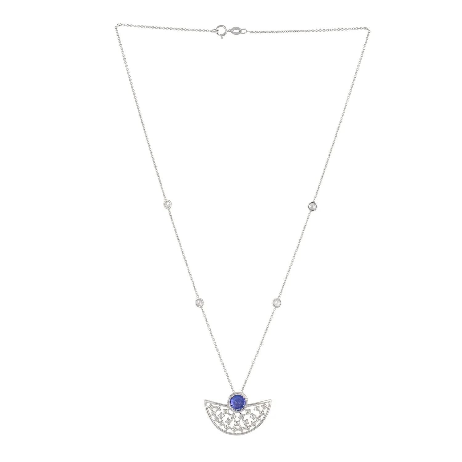 Natural Tanzanite Prong Uncut Diamond Geometric Choker Necklace In White Gold