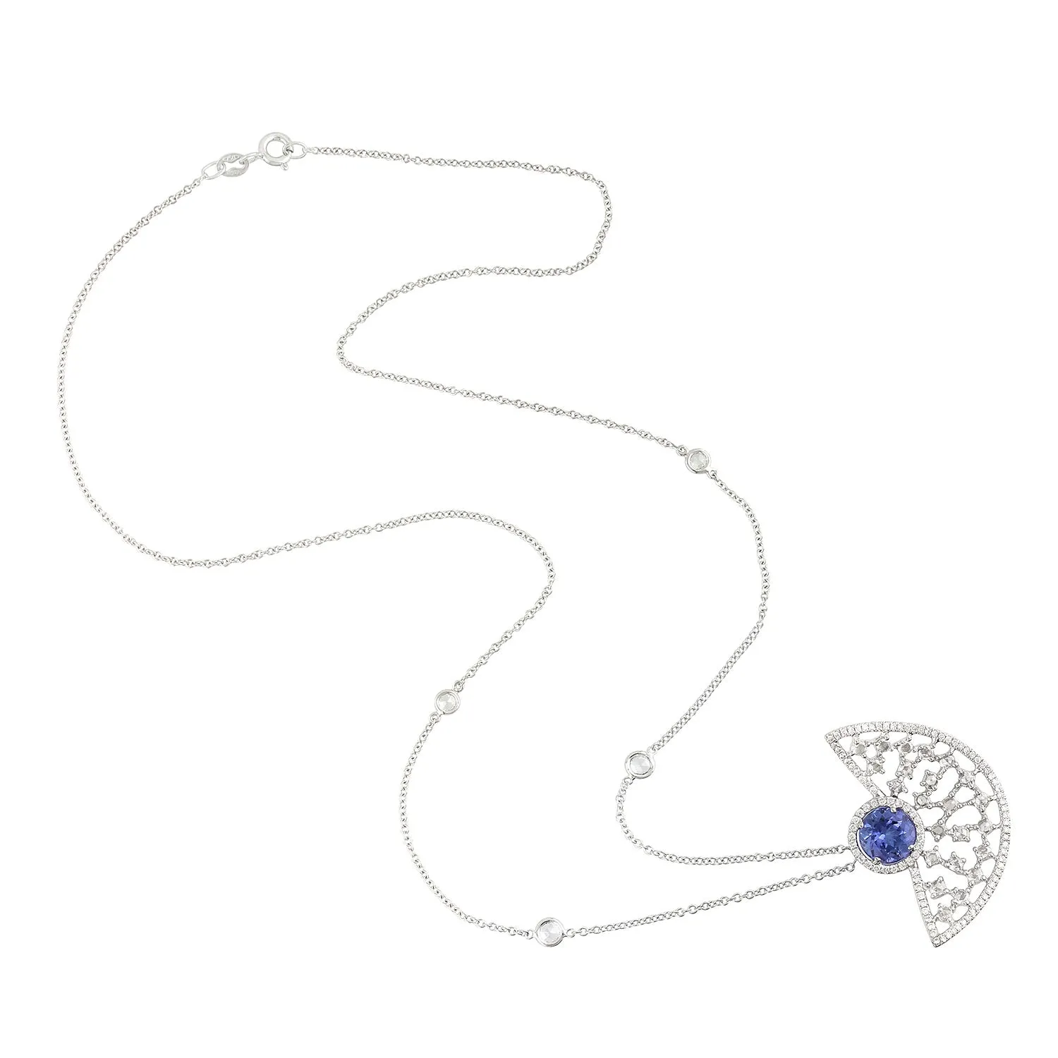 Natural Tanzanite Prong Uncut Diamond Geometric Choker Necklace In White Gold