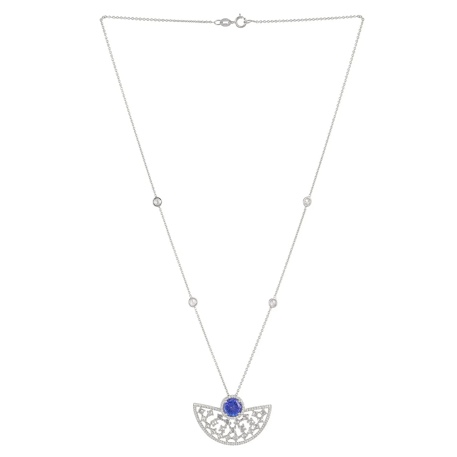 Natural Tanzanite Prong Uncut Diamond Geometric Choker Necklace In White Gold