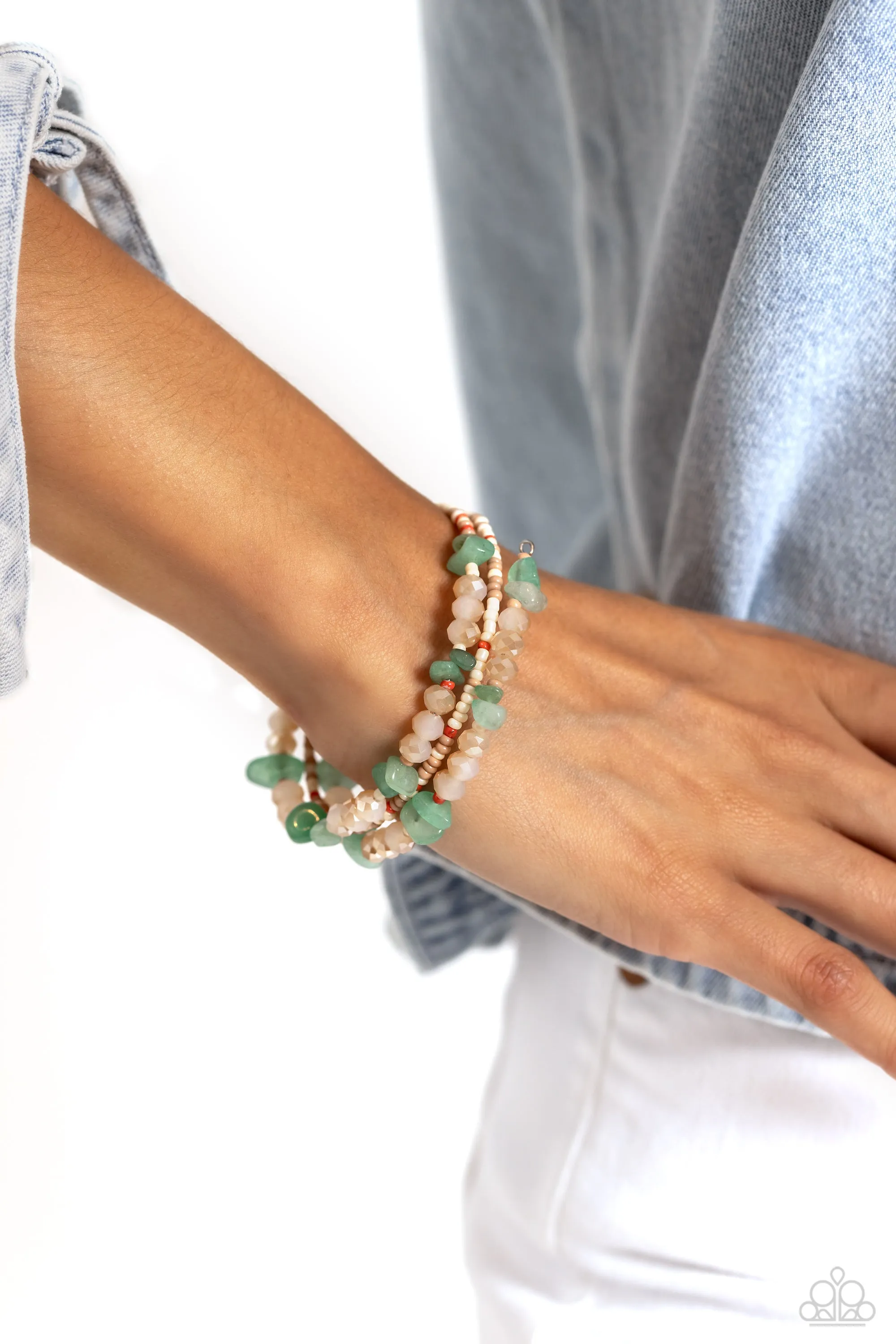 Notoriously Nuanced - Green - Colored Seed Bead and Jade Stone Paparazzi Coil Bracelet