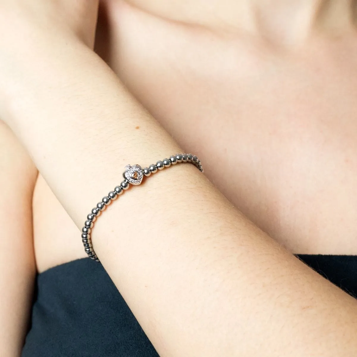 November | Topaz Birthstone | Silver | Crystal Heart Bracelet