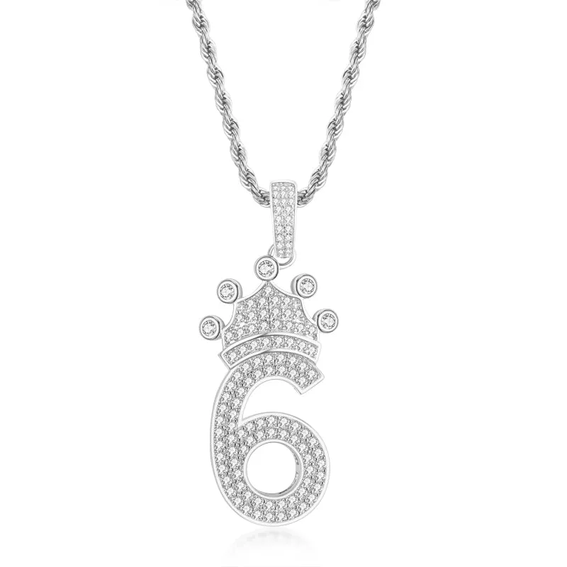 Number 6 Crown Created Diamond Pendant Necklace 23.62''