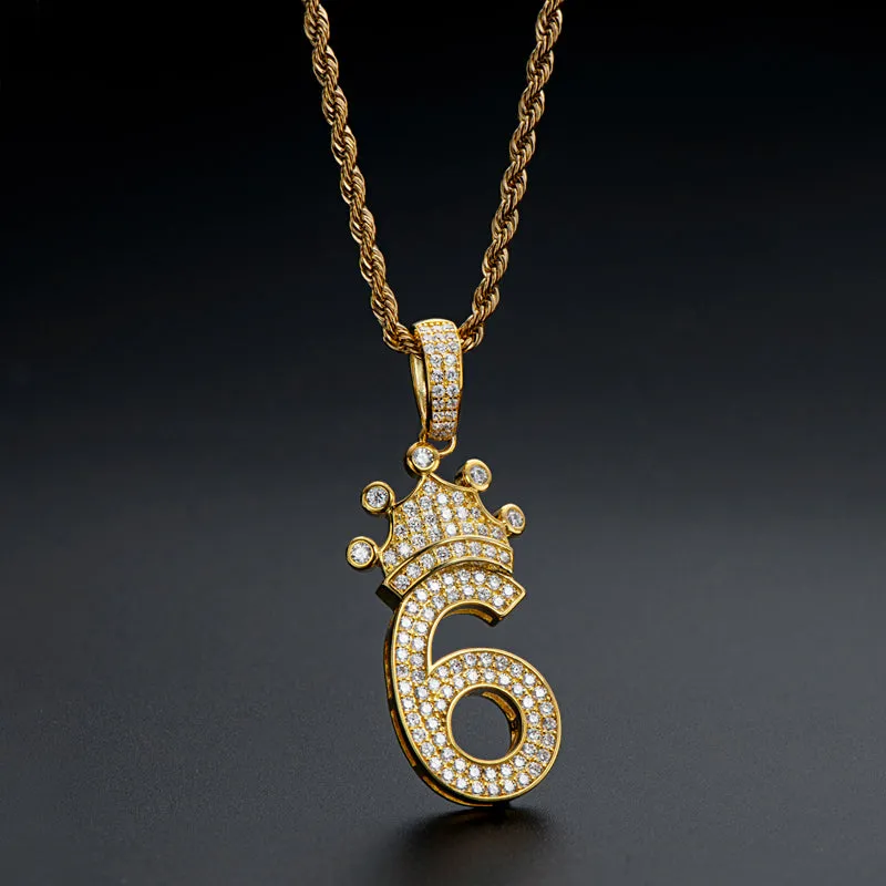 Number 6 Crown Created Diamond Pendant Necklace 23.62''