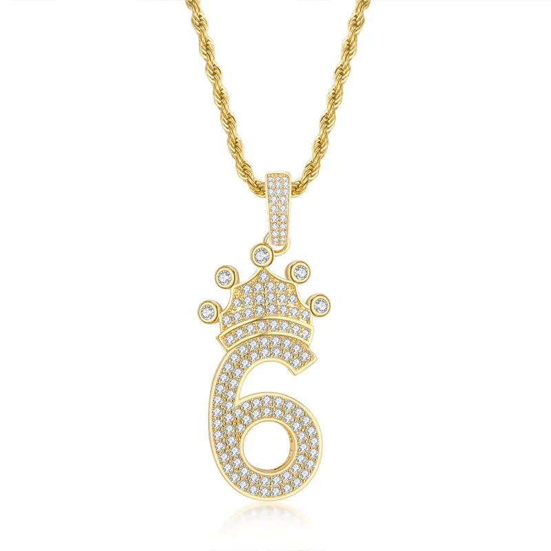 Number 6 Crown Created Diamond Pendant Necklace 23.62''