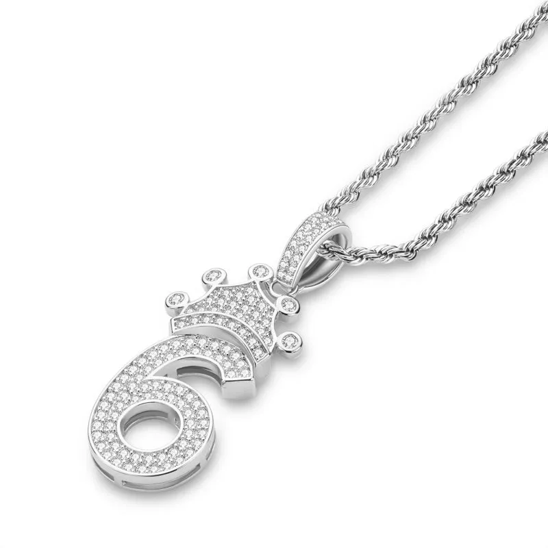 Number 6 Crown Created Diamond Pendant Necklace 23.62''
