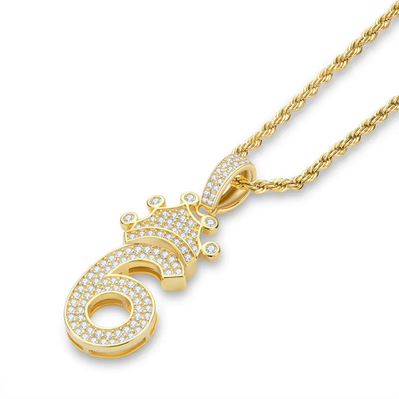 Number 6 Crown Created Diamond Pendant Necklace 23.62''