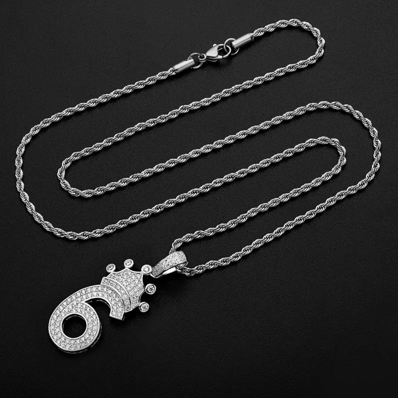Number 6 Crown Created Diamond Pendant Necklace 23.62''