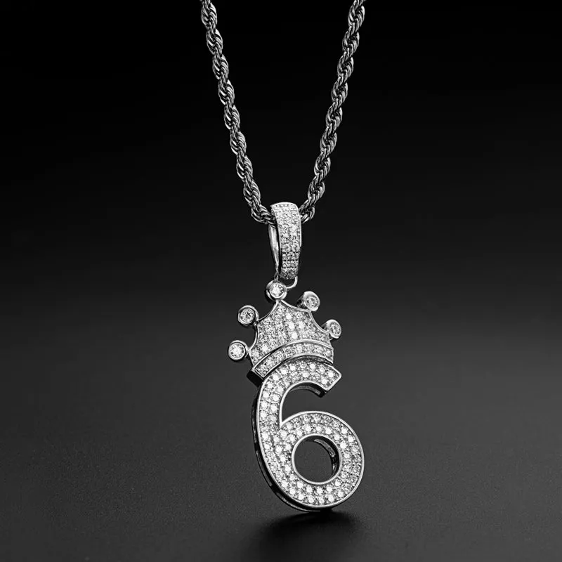 Number 6 Crown Created Diamond Pendant Necklace 23.62''