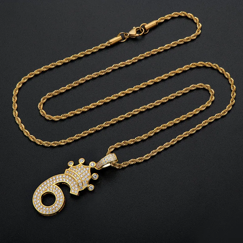 Number 6 Crown Created Diamond Pendant Necklace 23.62''