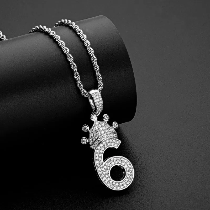 Number 6 Crown Created Diamond Pendant Necklace 23.62''