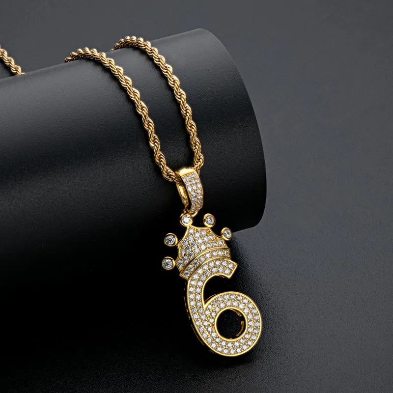 Number 6 Crown Created Diamond Pendant Necklace 23.62''