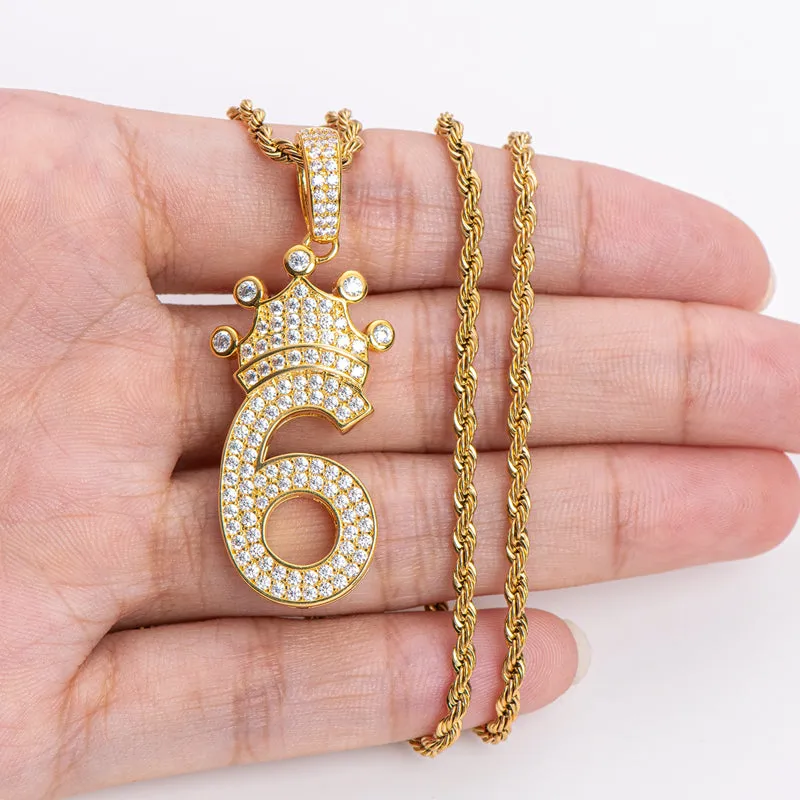 Number 6 Crown Created Diamond Pendant Necklace 23.62''