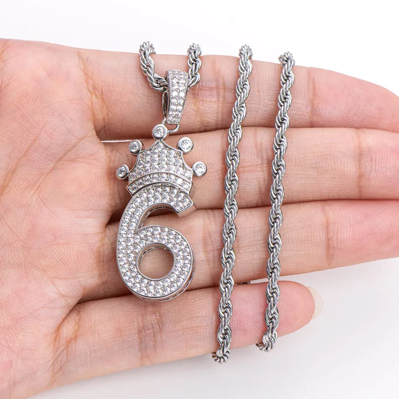 Number 6 Crown Created Diamond Pendant Necklace 23.62''