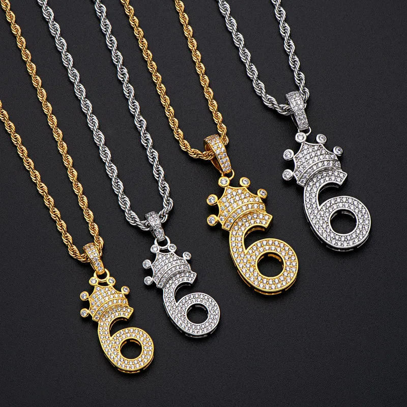 Number 6 Crown Created Diamond Pendant Necklace 23.62''
