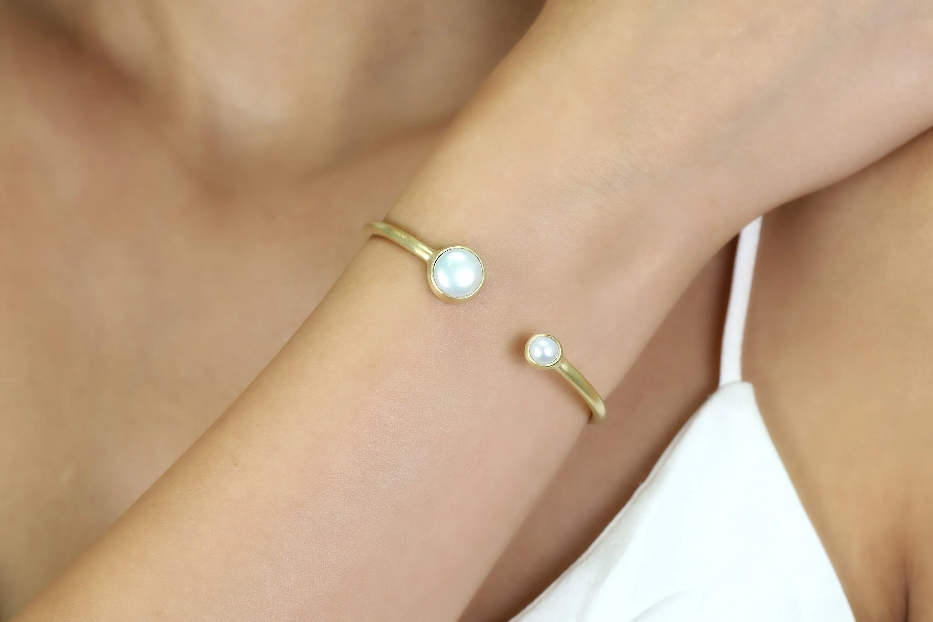 Open Cuff Gold Bracelet Bezel Set with 6mm & 10mm Pearl