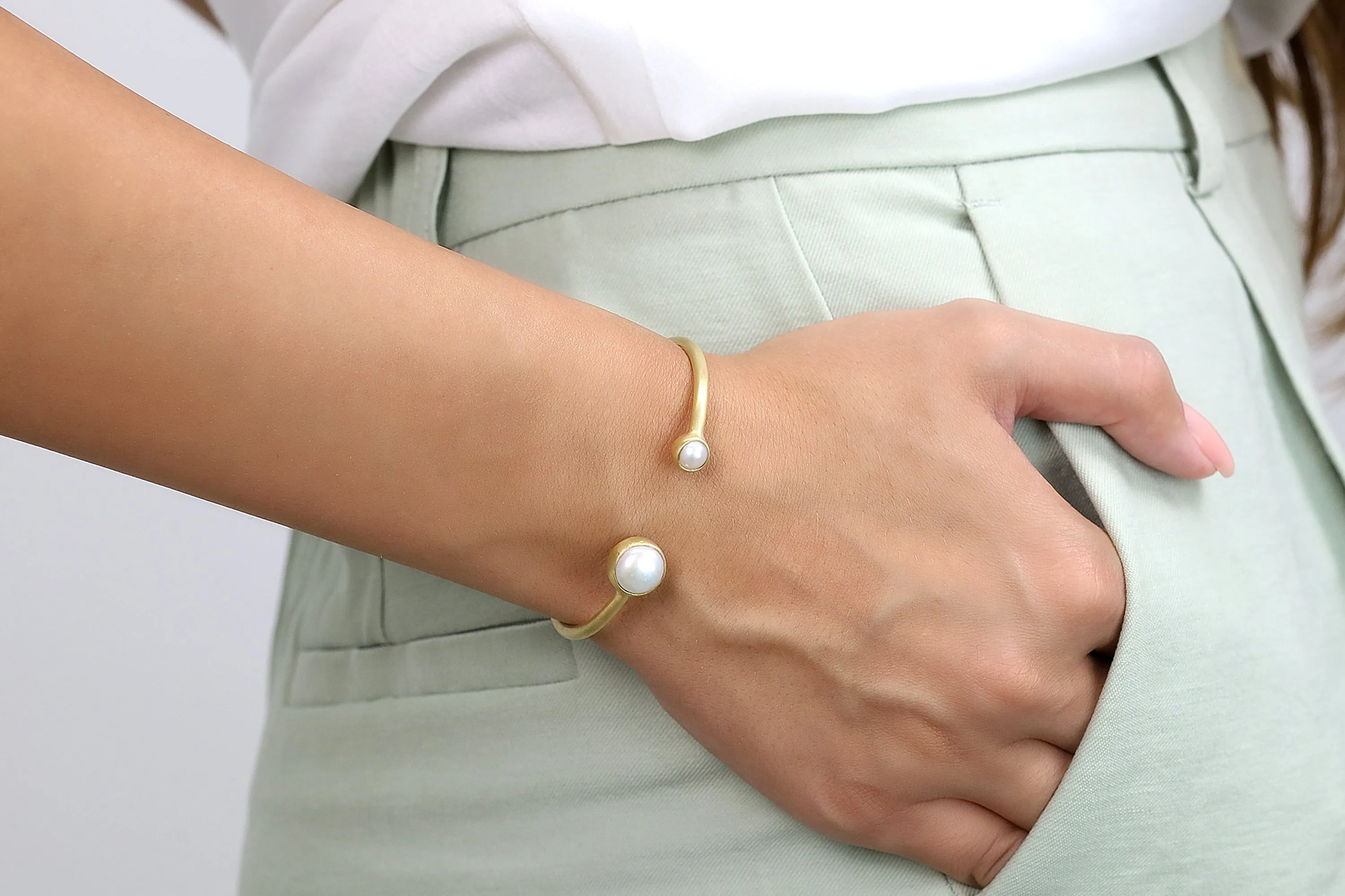 Open Cuff Gold Bracelet Bezel Set with 6mm & 10mm Pearl