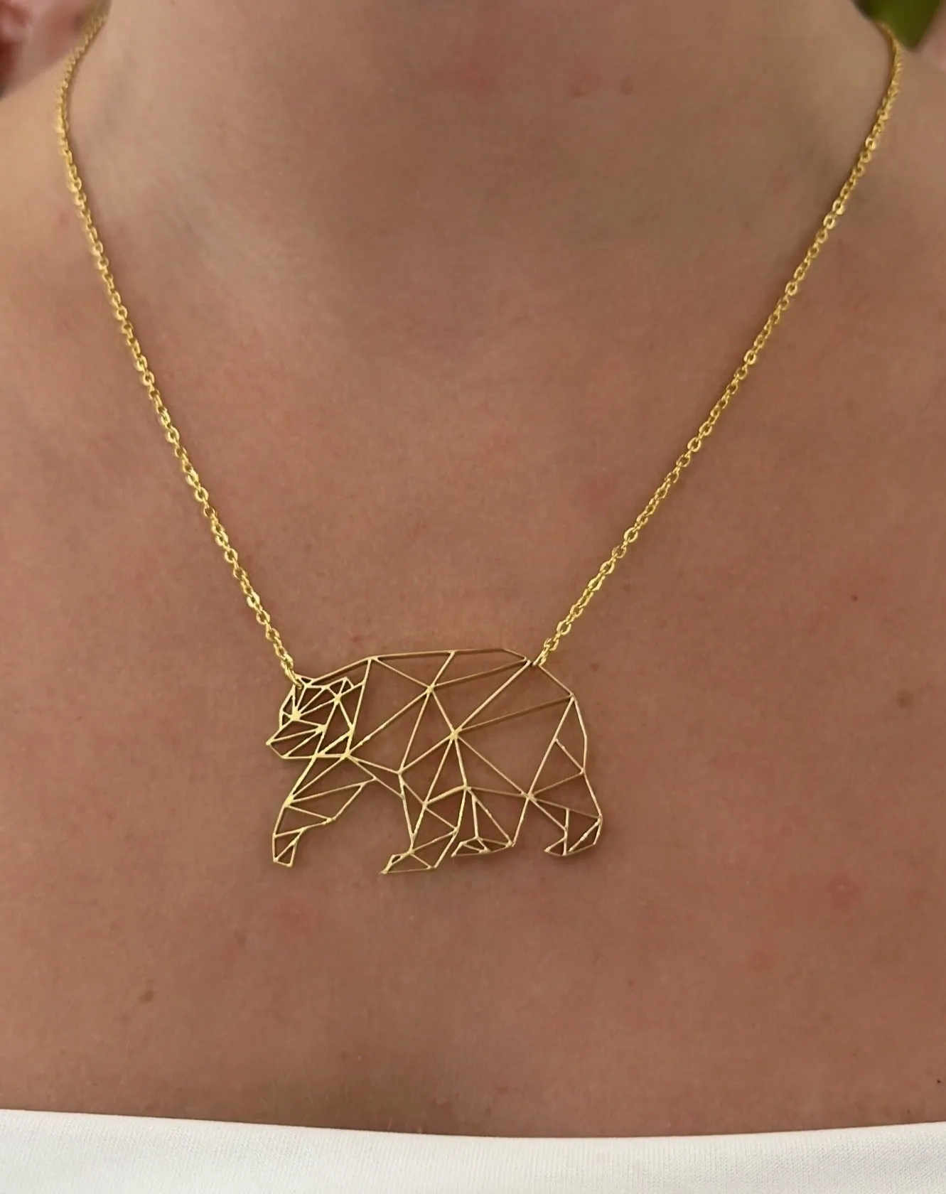 Origami Bear Geometric Animal Gold Plated Pendant Necklace