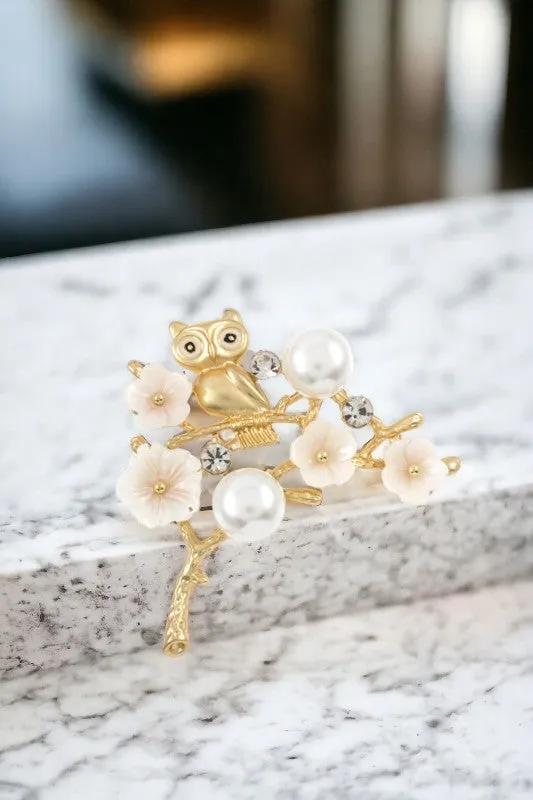 Owl Floral Pearl Gem Brooch