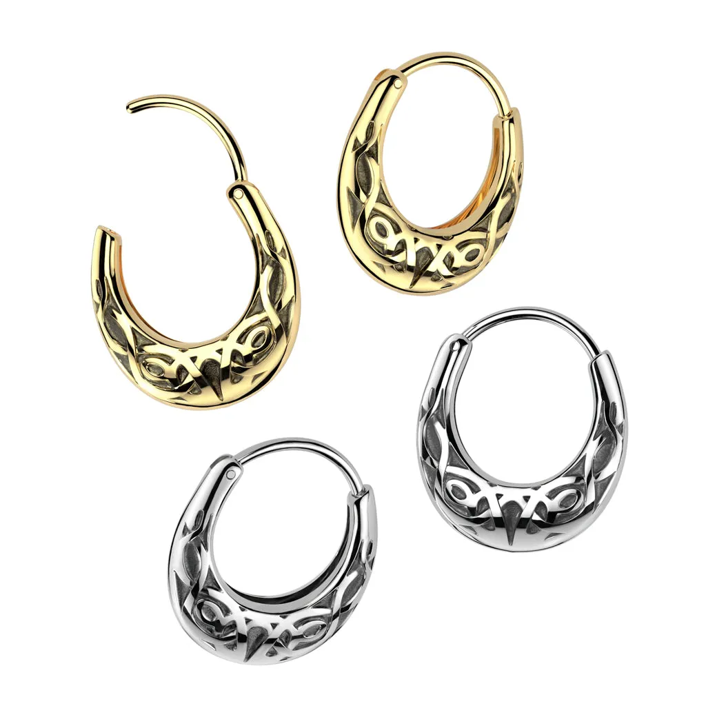 Pair of 316L Surgical Steel 16ga Tribal Design Hoop Earrings