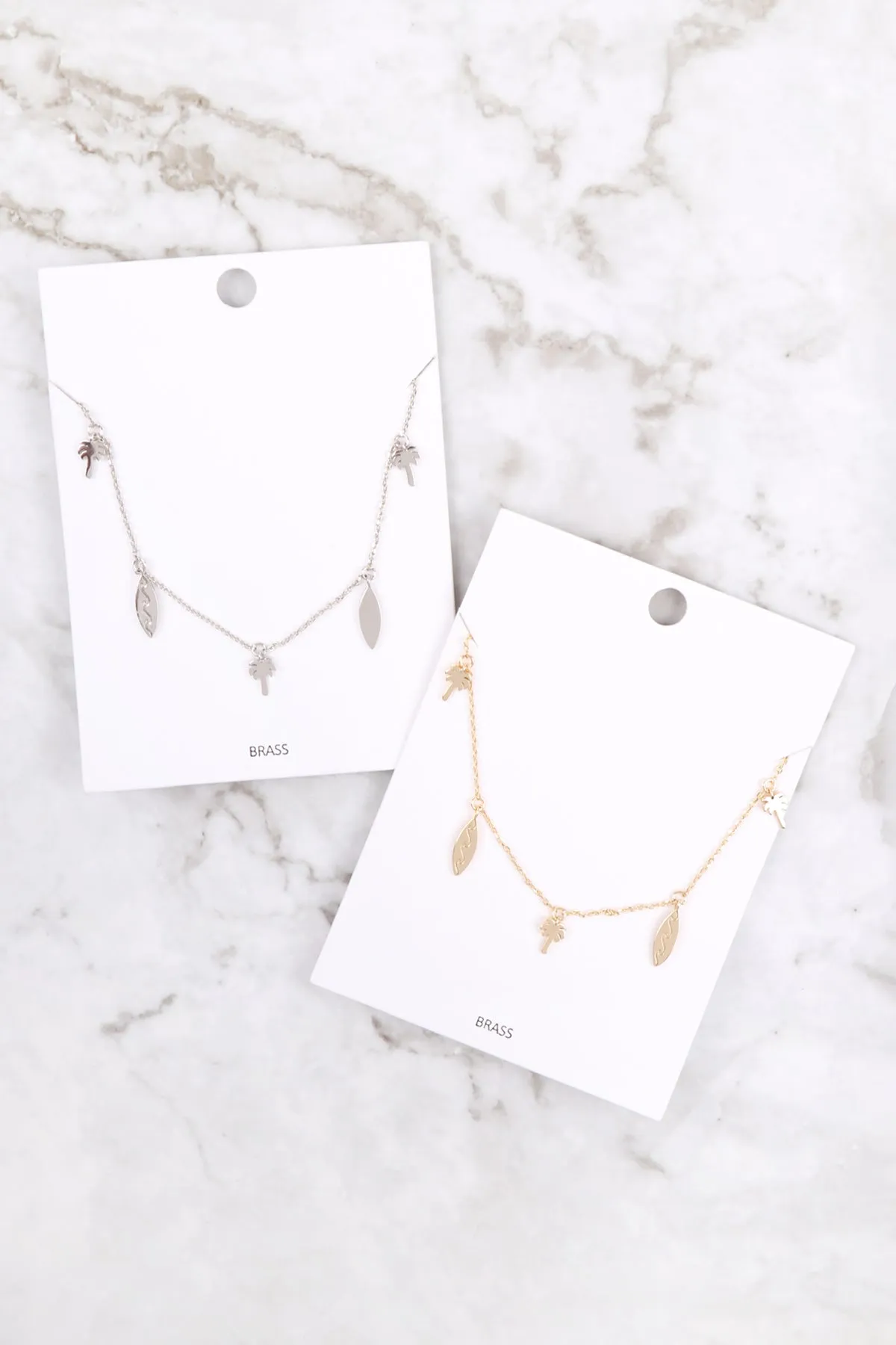 PALM TREE & SURFBOARD BRASS DAINTY NECKLACE