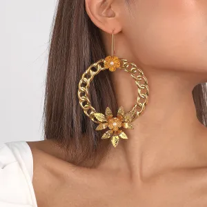 Pearl & 18K Gold-Plated Curb Chain Wreath Floral Drop Earrings