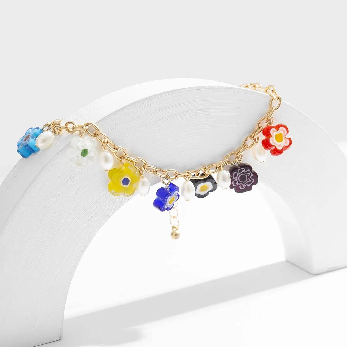 Pearl & Acrylic 18K Gold-Plated Flower Station Anklet