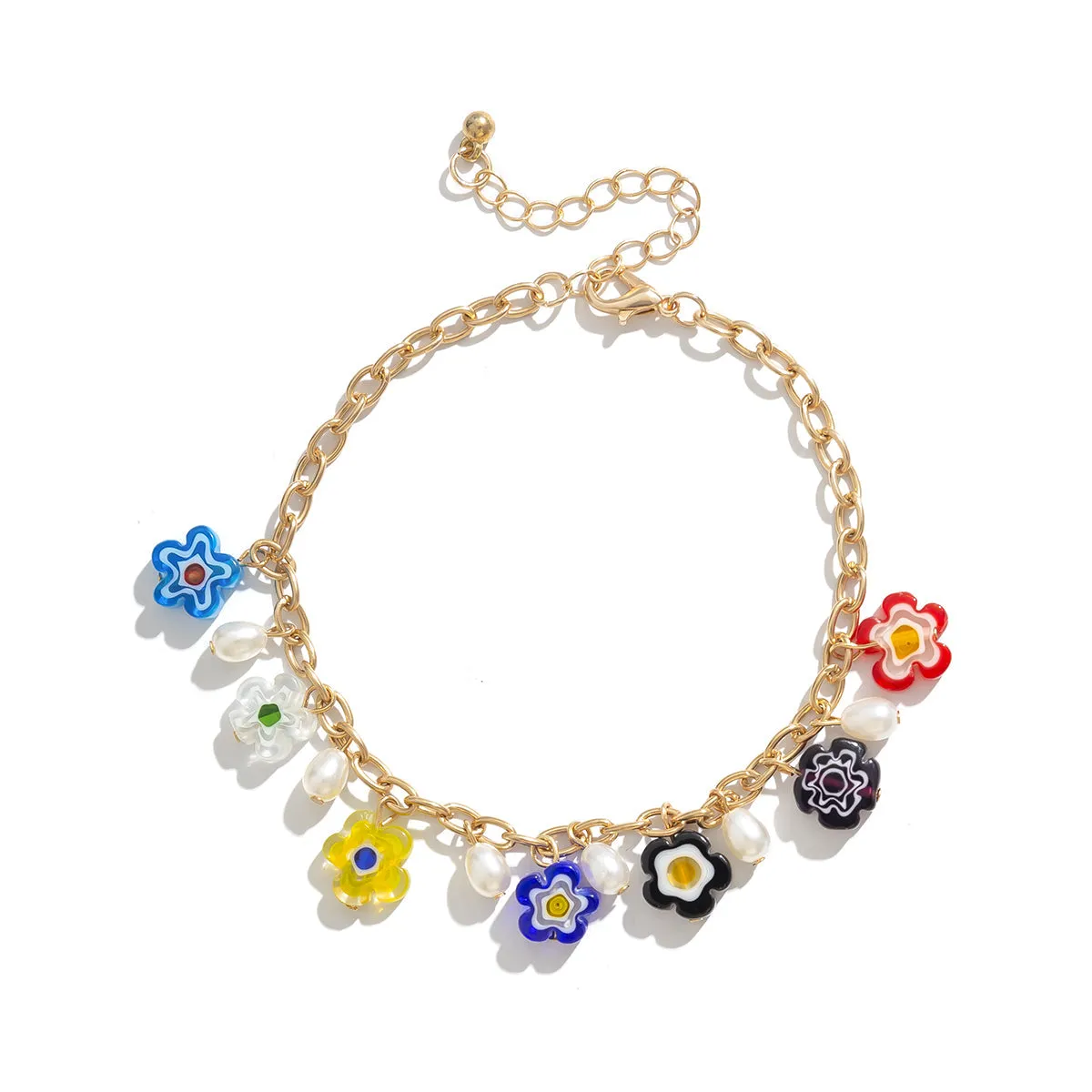 Pearl & Acrylic 18K Gold-Plated Flower Station Anklet